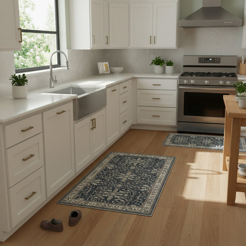 Ensemble de 2 tapis de cuisine lavables antidérapants doux à poils courts Boho, Bleu