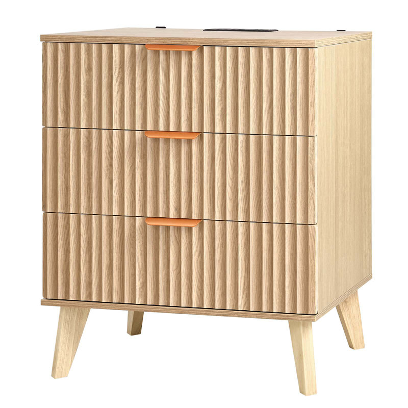 Table de chevet cannelée avec station de recharge, dotée de 3 tiroirs, commode pour chambre, table d'appoint moderne du milieu du siècle, meuble de rangement de chevet, commode, salon, kaki