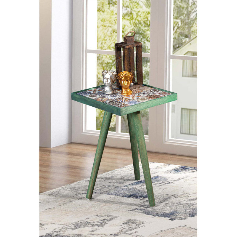 Canora Grey Side Coffee Table End Table Accent Table Home Essentials Solid Wood Tile Ceramic Table, Green