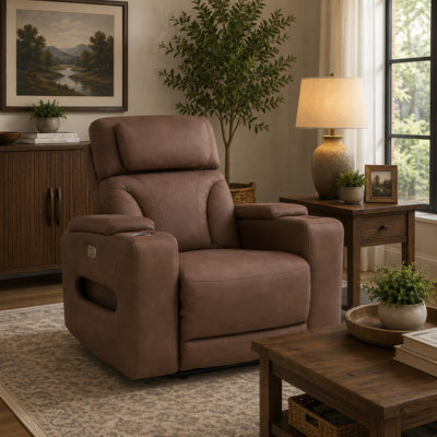 Fauteuil inclinable électrique avec lumières DEL et rangement Syna, similicuir brun caramel