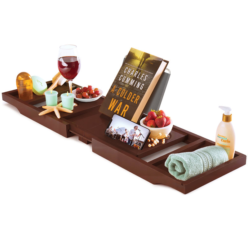 Luxury Bamboo Bathtub Tray Caddy - Expandable and Foldable Nonslip Bath Caddy with Book/Tablet and Wine Glass Holder - Best Gift for Him or Her