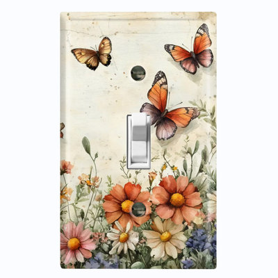 Metal Light Switch Plate Cover; US Standard Size 1 Gang Toggle - Vintage Wildflowers and Butterflies
