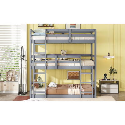 Triple Rubber Wood Bunk Bed with Two Built-in Ladders, Guardrails, Twin, Detachable Triple Twin Bunk Bed,Grey