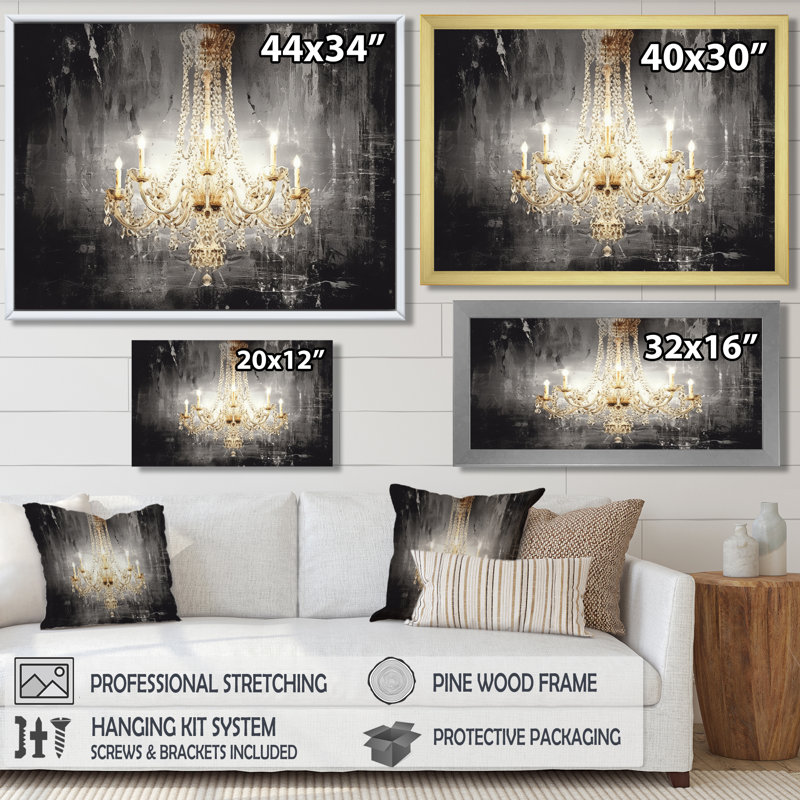 Golden Chandelier Shining Through The Darkness I - Glam Chandelier Wall Art Print, Brown Floater Framed Canvas