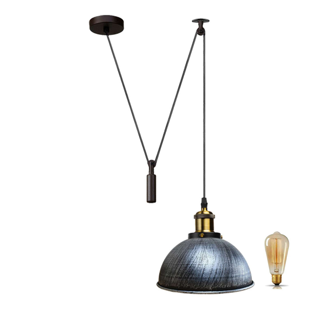 Borough Wharf Industrial Pulley Pendant Light – Adjustable E27 Ceiling Hanging Lamp with Retro Metal Dome Shade for Kitchen & Living Spaces