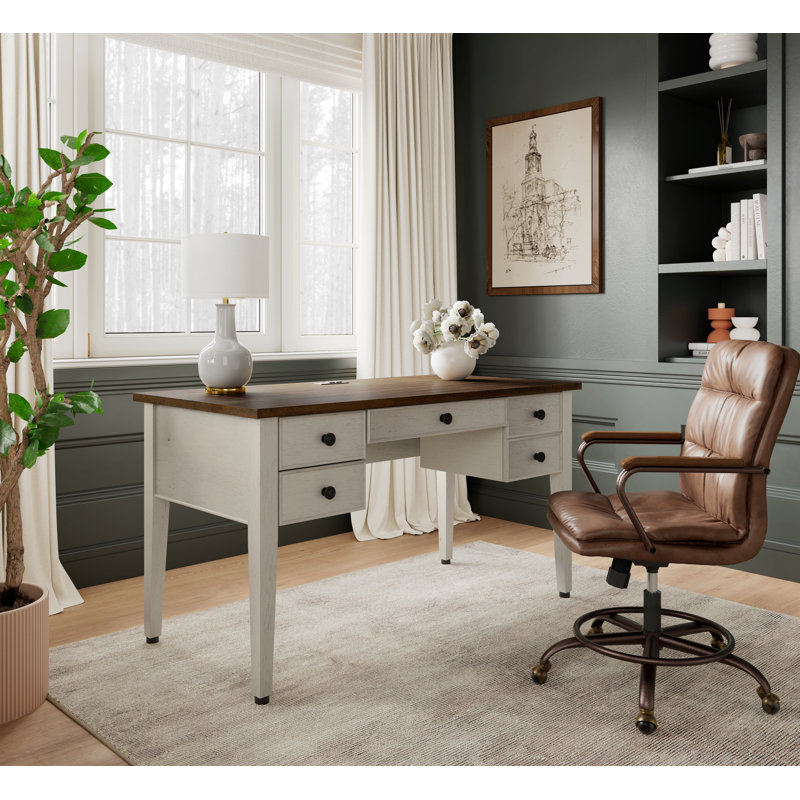 Ensemble de bureau d'écriture Modern Farmhouse et chaise de travail rétro en similicuir brun