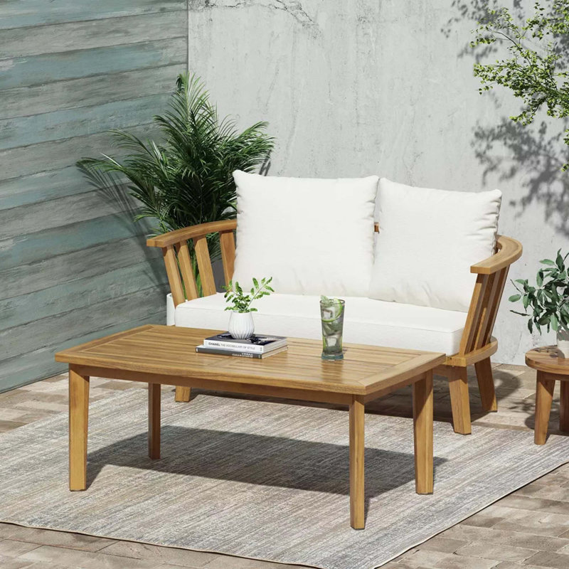 Ensemble de conversation d'extérieur en bois d'acacia pour 2 personnes avec coussins et table basse pour véranda, jardin, cour arrière, balcon