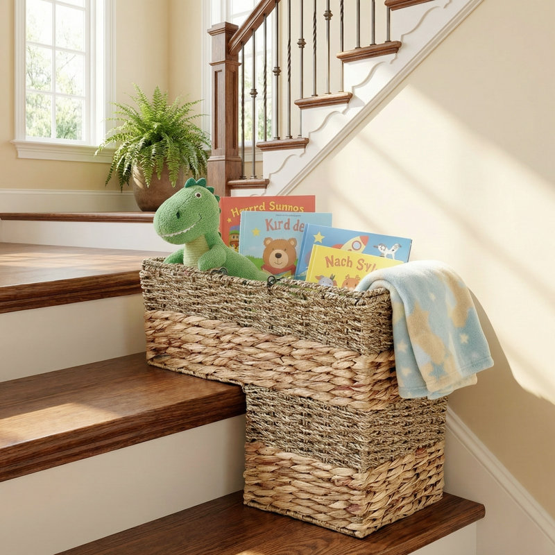 Panier d'escalier en forme de L avec poignées de transport, tapis d'escalier tissé à la main et jacinthe d'eau avec structure en métal renforcé, H 16,1 po x L 16,1 po x l 10 po