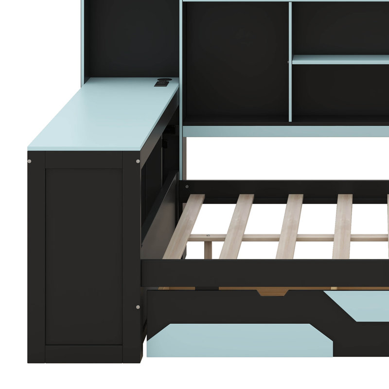 Lit de jour de jeu avec bureau intégré et 3 tiroirs, cadre de lit de jeu en bois avec lumières DEL et station de charge, lit de jour de coin de jeu multifonctionnel avec tête de lit bibliothèque
