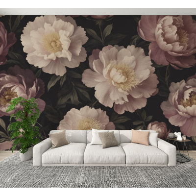 Papier peint pelez et collez, pivoines, fleurs rétro, rosé doux, pétales de crème roses, décorations murales Moody foncé H 100 po x l 144 po, papier peint amovible en PVC, adhésif pour chambre à coucher, bureau à domicile