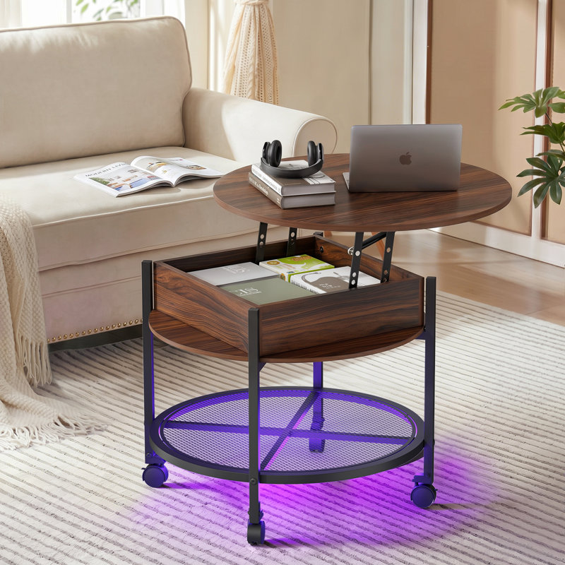 Lift Top Round Coffee Table with RGB LED Lights, Rolling Storage Table with Lockable Casters for Living Room, Brown
