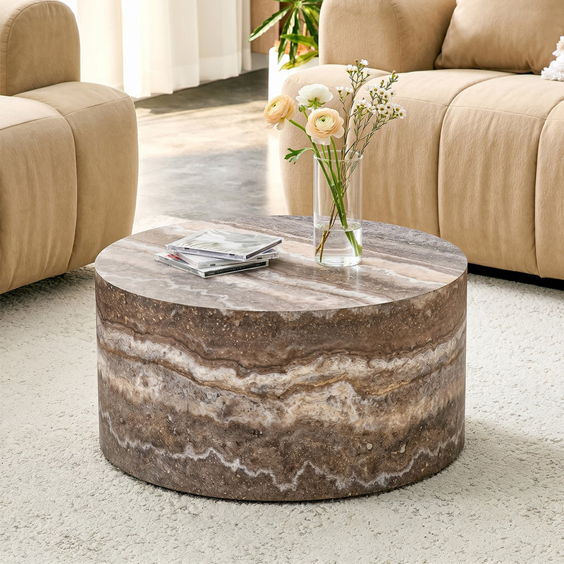Table basse cylindrique à motif pierre de grotte l 23,6 po x H 11,8 po de hauteur, mobilier en bois aggloméré, Gris