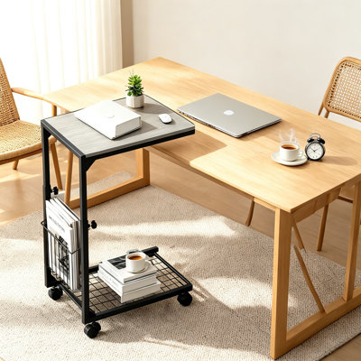 C Shaped Side Table with Wheels Slide Under Couch Table Adjustable Height Metal Frame End Table for Sofa Bed Living Room Bedroom Small Space