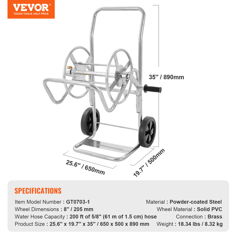Silver Steel 200 ft. Garden Hose Reel Cart with Manual Crank