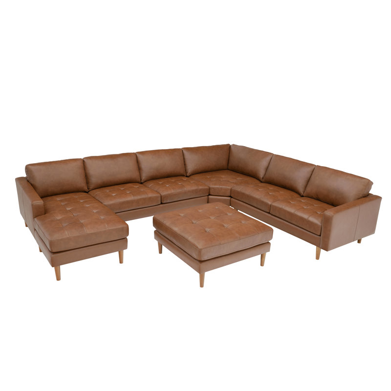 Mentzer Upholstered 142 " Top Grain Leather U-Shaped Corner Sectional with Ottoman, Chesnut Leather Match