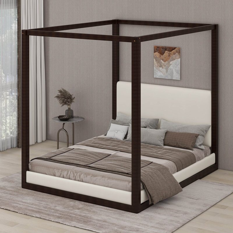 Structure de lit à baldaquin, lit plateforme à baldaquin en bois avec tête de lit tapissier en lin, aucun sommier nécessaire