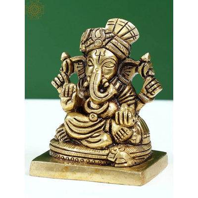 3" Small Brass Raja Ganapathy Statue – Handcrafted Hindu Elephant God Idol with Regal Posture for Home Altar Decor