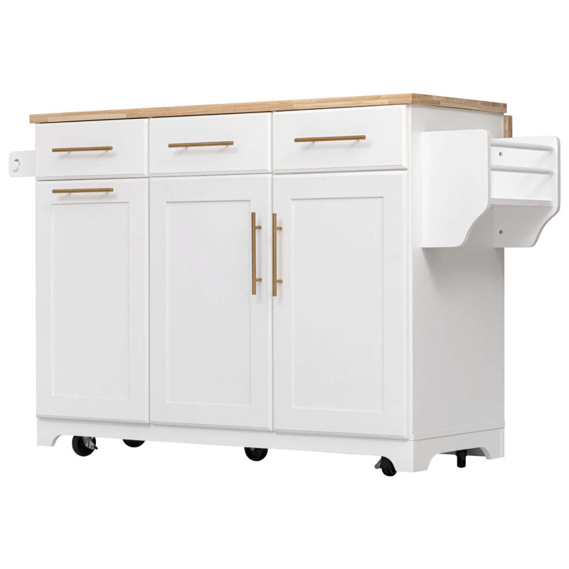 Rolling Kitchen Island With Drop Leaf Countertop, Pull-Out Trash Cabinet, Dual Organizers, Built-In Power Outlets, Spice And Towel Racks, And Rubber Wood Surface For Flexible Cooking And Storage.