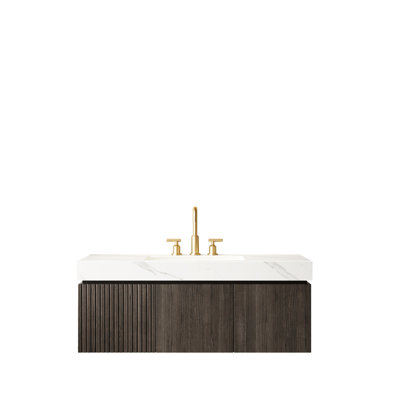 Meuble-lavabo de salle de bain de 122 cm (48 po) avec lavabo en céramique et pierre frittée blanche, 3 trous prépercés pour robinetterie, rangement flottant en contreplaqué, 1 tiroir et 2 portes, assemblé, rayures concaves et convexes.