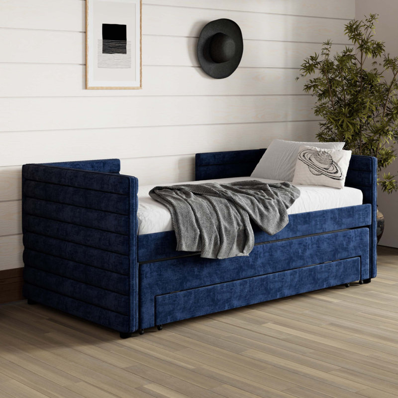 Twin Size Upholstered Daybed With Trundle And 3 Storage Drawers, Dark Blue Chenille