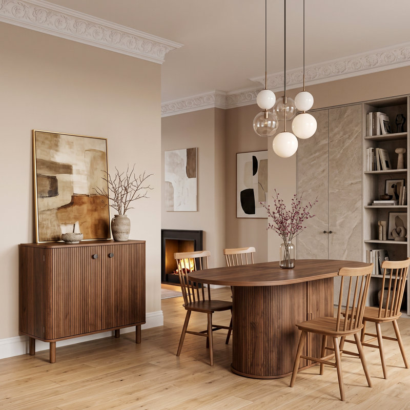 Buffet 31 po Seyla avec armoire cannelée avec 2 tablettes réglables et crédence en bois massif pour salle à manger, Noyer