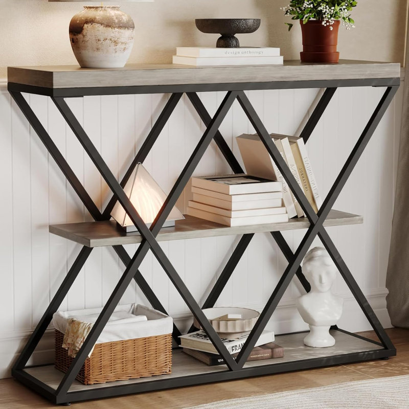 3-Tier Entryway Table with X-Shaped Metal Frame Hallway Table with Storage, Narrow Foyer Furniture Behind Sofa for Living Room, Gray