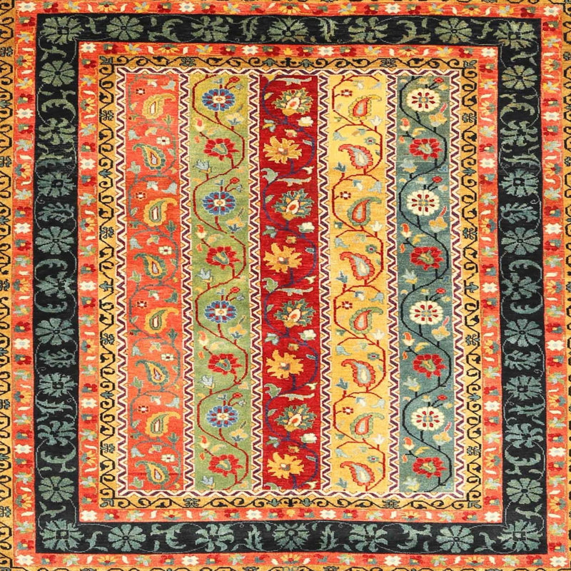 Tapis de zone rouge/noir/beige contemporaine, Carré 6 pi