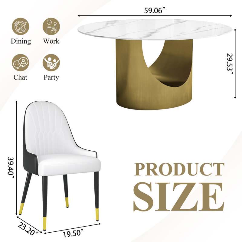 7-Piece Round Dining Set, 59" Rock Plate Table With Brushed Gold Base & 6 Faux Leather Chairs With Diamond-Quilted Back