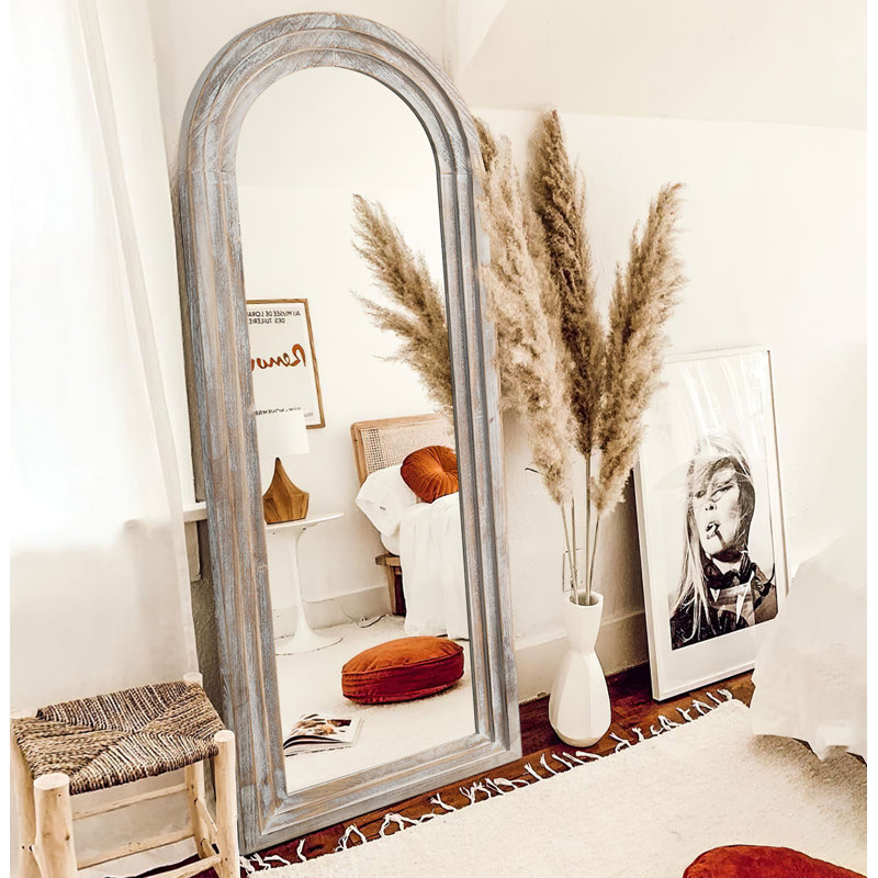 Trenika Arch Full Length Mirror Wall Mirror with Wood Multi-step Frame, 64" x 21", Weathered White