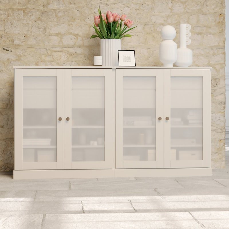 100% Solid Wood 64" Sideboard with Frosted Glass Doors, 4-Drawers and Adjustable Shelves, White