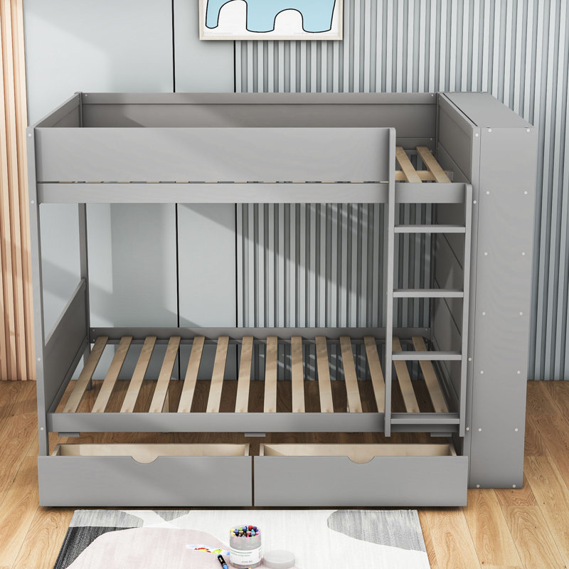 Jarif 2 Drawers Wood Bunk Bed with Cabinet and Slats, Gray, Full over Full
