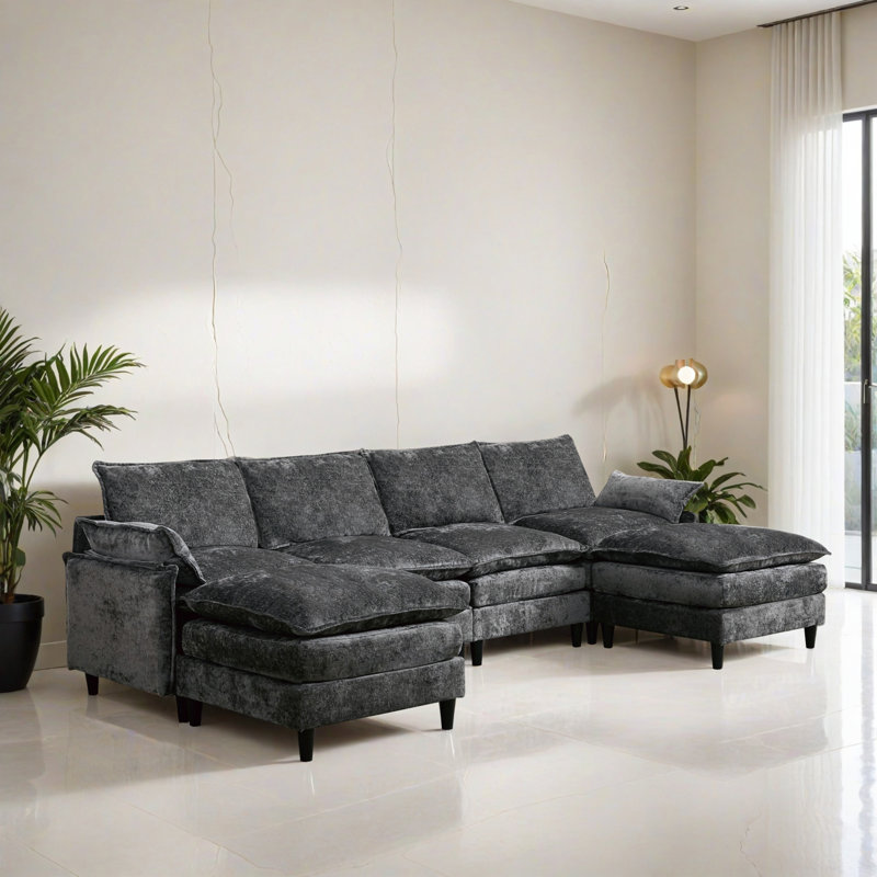 Canapé-lit modulaire 6 pièces pour salon, Chenille grise foncée