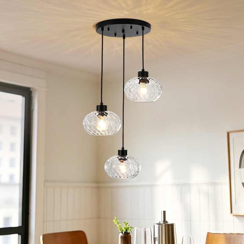 3 Light Hammered Glass Pendant Light Height Adjustable Hanging Light