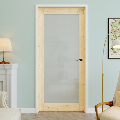 Porte intérieure pré-suspendue en bois de pin et verre givré 1-Lite 36 po x 80 po avec levier incurvé et charnières noires