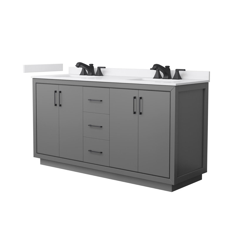 Icon 66" Freestanding Double Bathroom Vanity with Cultured Marble Top, Gray, Matte Black