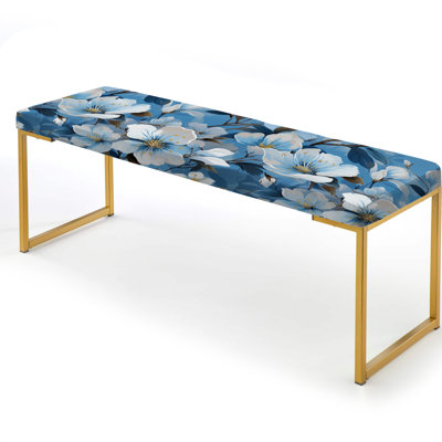 White And Blue Bliss Floral Pattern II - Floral Upholstered Gold Bench