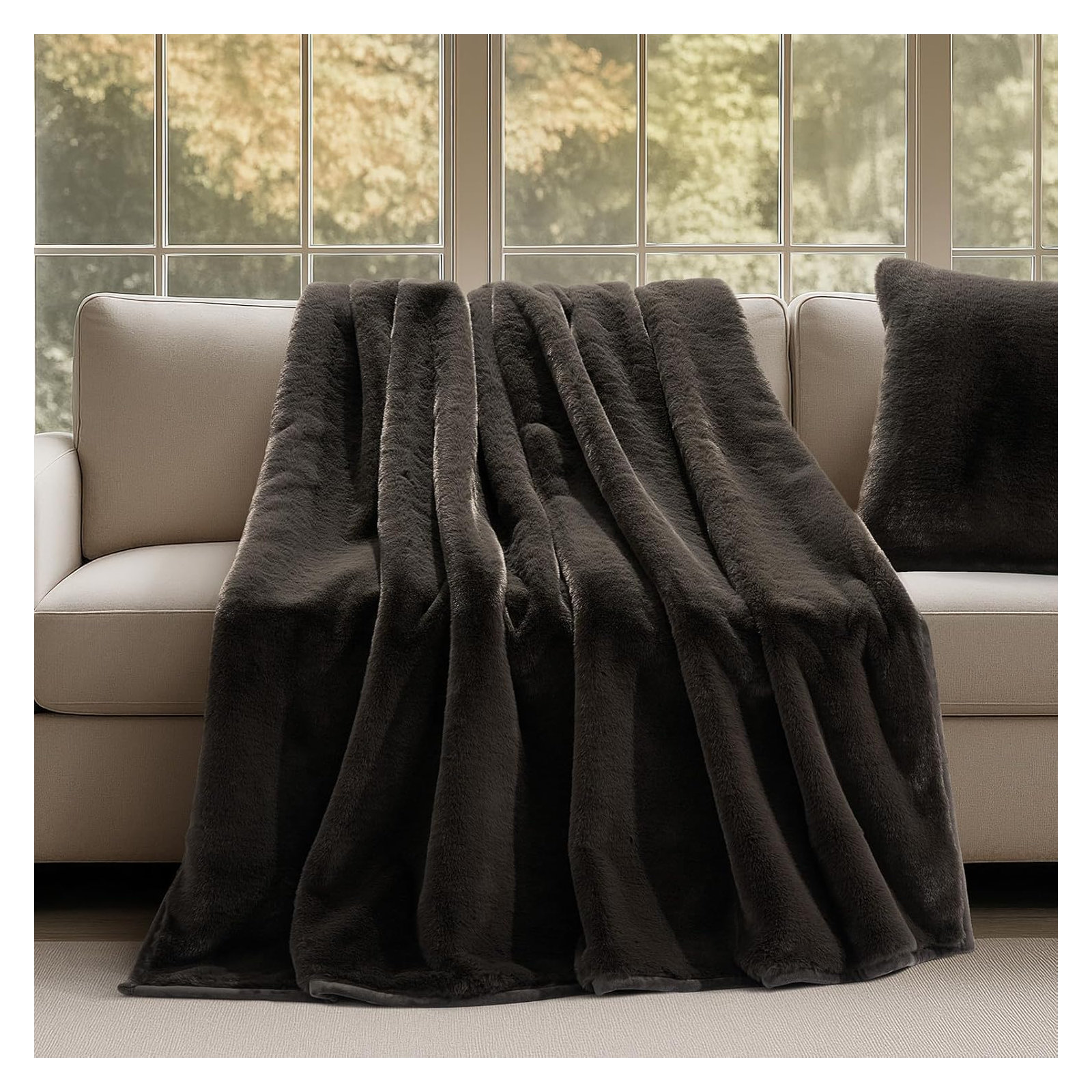 Luxury Mink Faux Fur Throw Blanket, 50" W x 60" L, Dark Brown