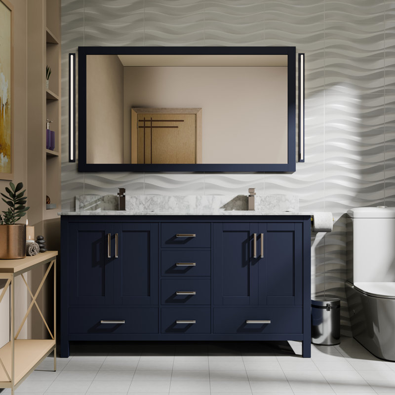 Meuble-lavabo double L 60 po x P 22 po et miroir 58 po., Marine, Marbre de Carrare blanc