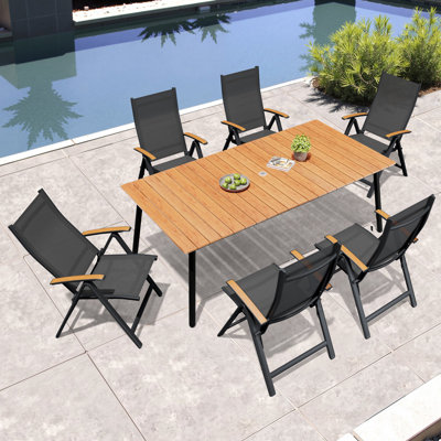  6-Person Outdoor Dining Set with Aluminum Frame and Folded Reclining Armchairs