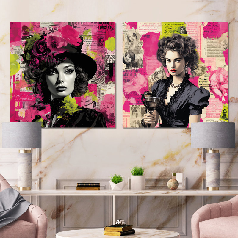 Popart rose et vert mode femme I - Pop Art, ensemble d'art mural en métal carré de 2, H 16 po x l 32 po