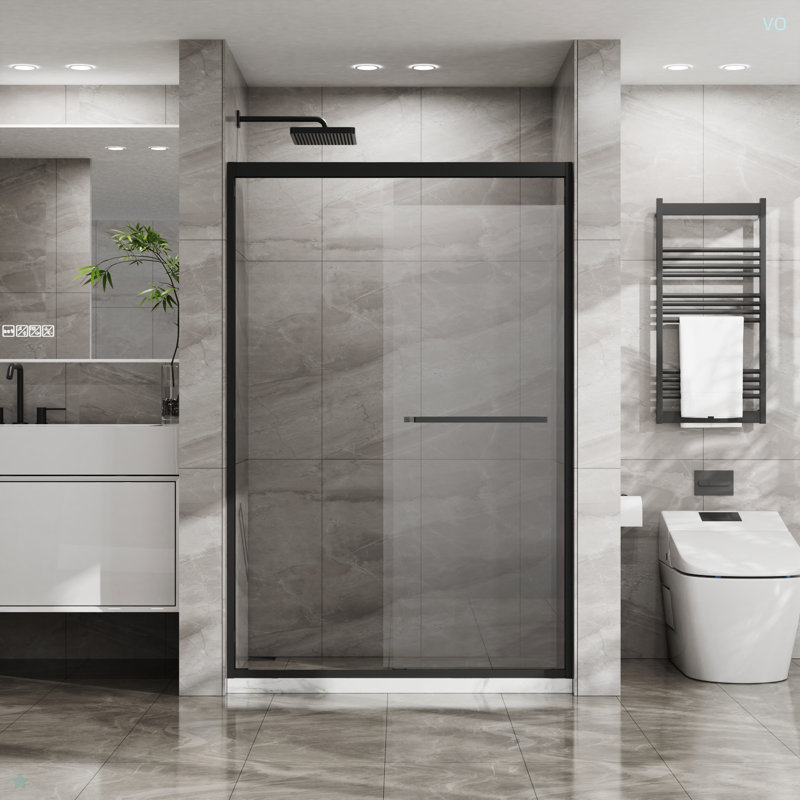 Double Sliding Glass Shower Door 48 In. W X 72 In. H Aluminum Framed Shower Enclosure With SGCC Clear Tempered Glass, Stainless Steel Hardware, Matte Black