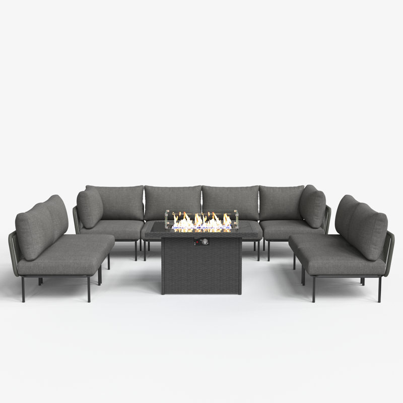 Ebern Designs 9 Pieces Aluminum Patio Furniture Set, Modern Modular Sectional Sofa with Fire Pit Table and Upgrade Thickness Cushion