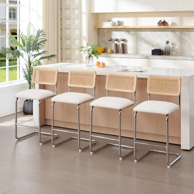 Ambrine Upholstered Boucle Counter & Bar Stool with Cane Rattan Back