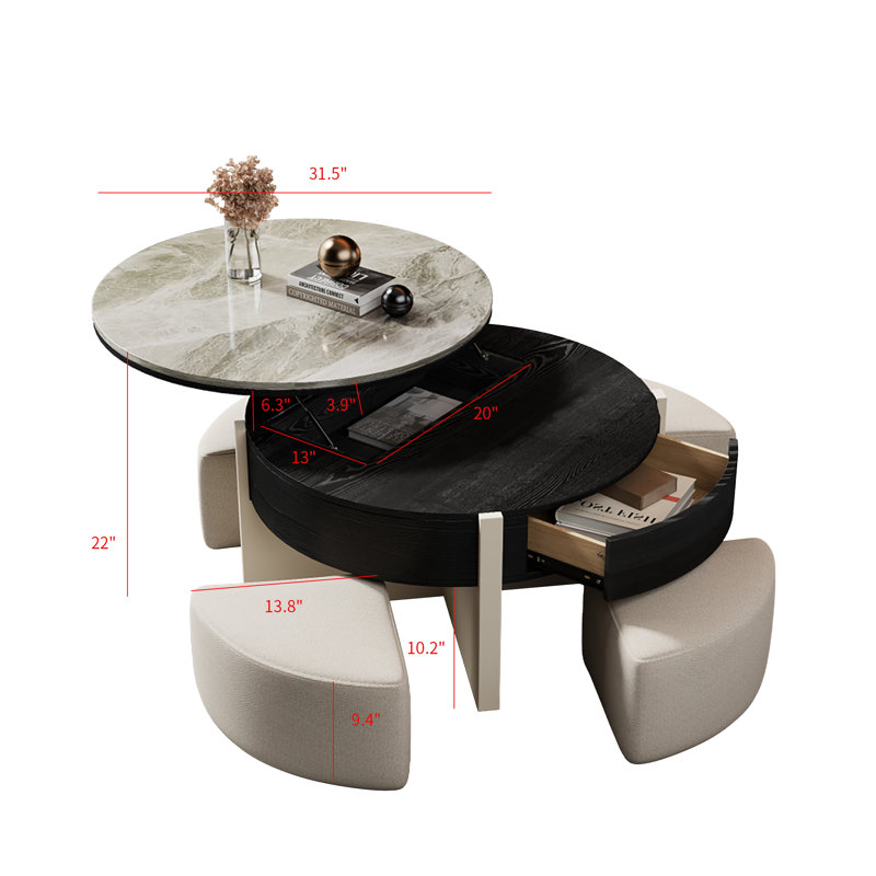 Yvelle Stone Countertop Coffee Table with 4 Hidden Seats