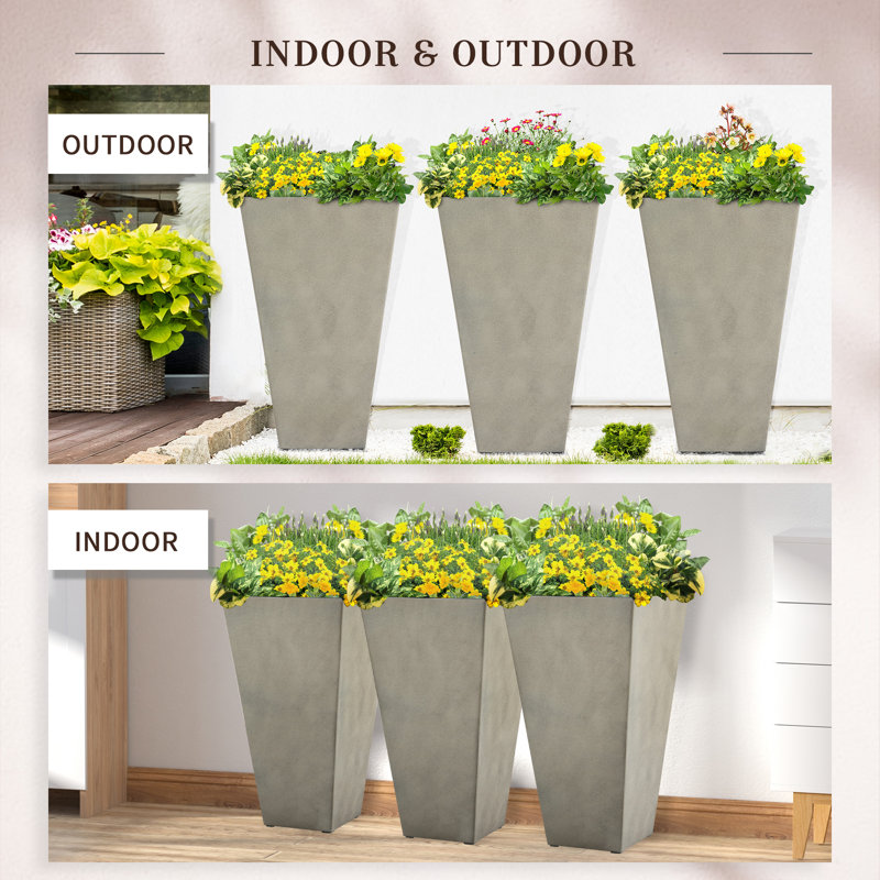 Outsunny 28" Tall Gray Plastic Planters with Drainage Hole, Set of 3