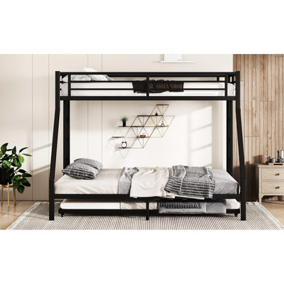 Lit superposé simple au-dessus de grand lit en métal noir avec lit gigogne, construction stable, 24 lattes, garde-corps large, revêtement durable, conception facile à nettoyer, cadre