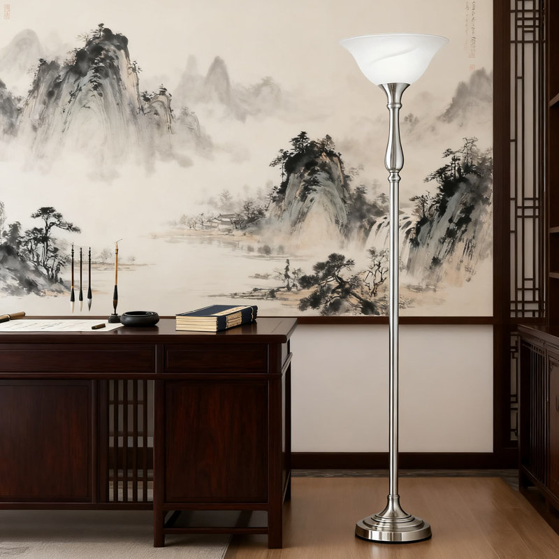 72-Inch  Floor Lamp With Brushed Nickel Finish And White Alabaster Glass Shade For Glare-Free Living Room, Bedroom, Or Corner Lighting