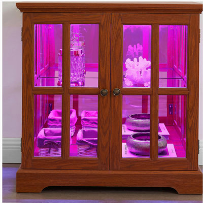Élégante vitrine vitrée à DEL - Design rétro antique avec tablettes réglables et portes en treillis, bibliothèque élégante pour la décoration intérieure et rangement organisé - chêne