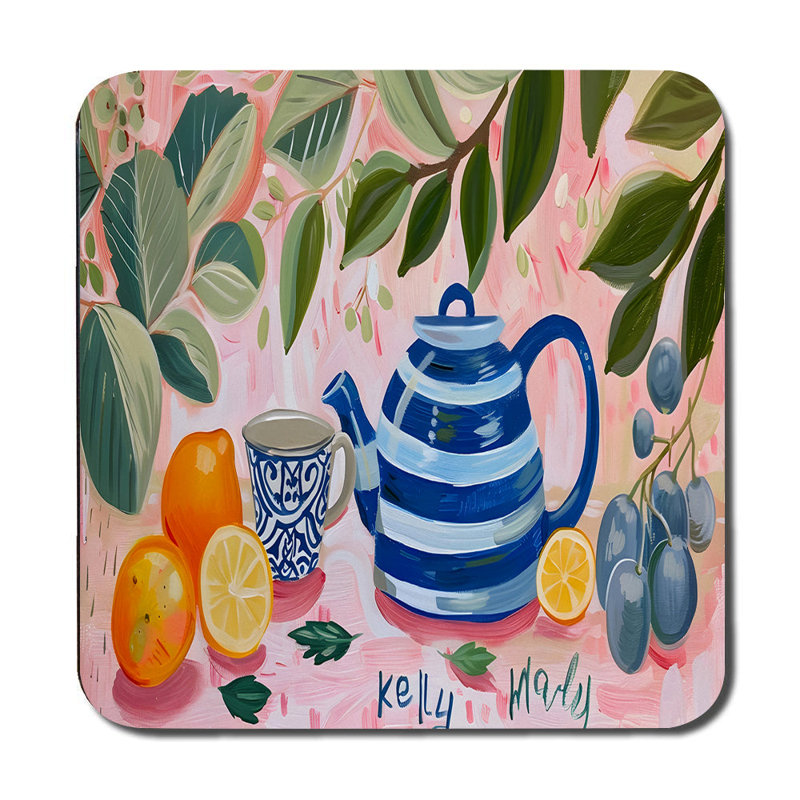 Placemat And Coaster Set With Blue Striped Teapot Artwork Fruit And Leaves Pink