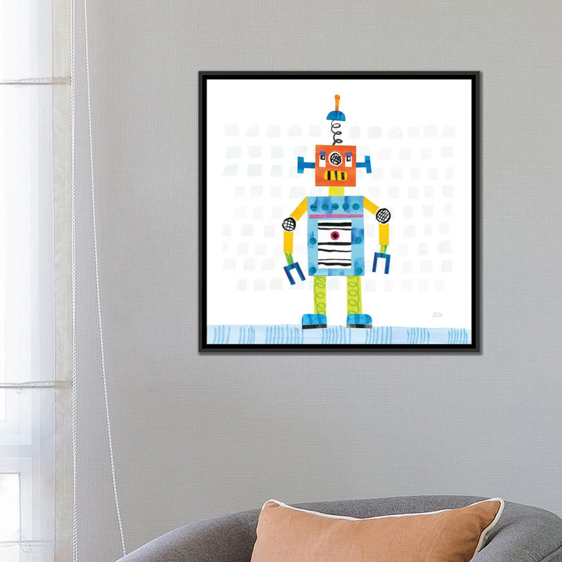 « robot party ii » par melissa averinos, peinture sur toile, H 26 po x l 26 po x P 1,5 po, Toile avec cadre noir